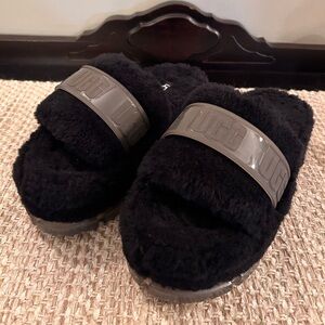 UGG Fluffita Clear Platform Slide Wool Sandal Women's US 7 Black Slippers Fuzzy